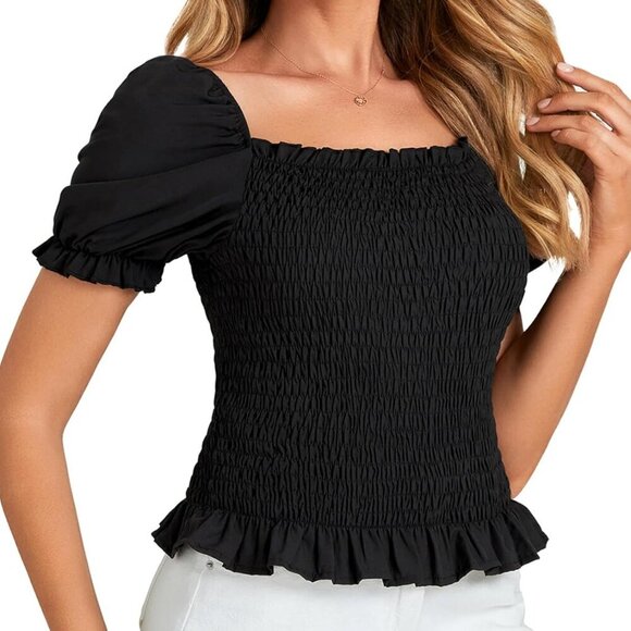 Women's Ruffle Peplum Smock Gingham Crop Top Square Neck Puff Short Sleeve Blous - Picture 4 of 7